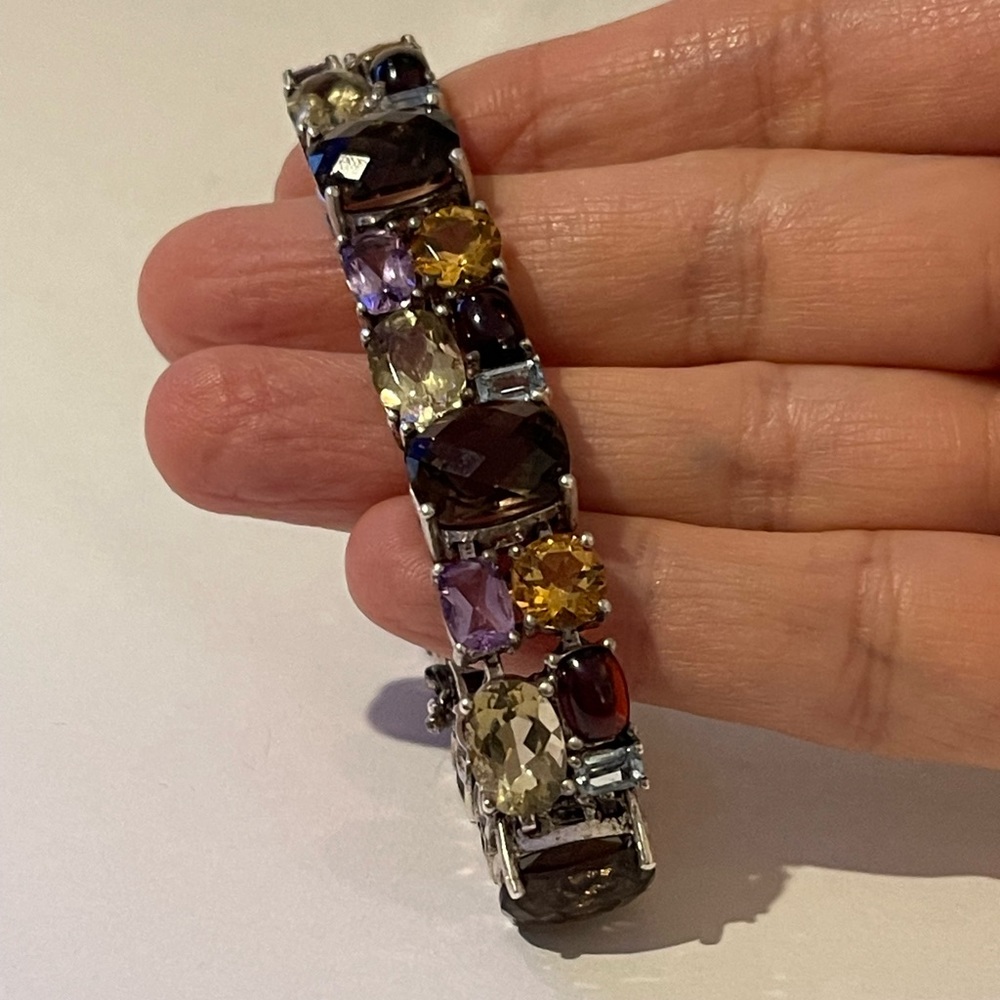 Multi Gemstone Heavy Solid Sterling Silver Bracel… - image 5
